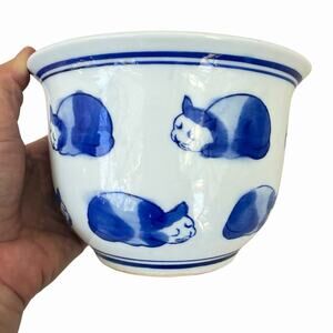 Vintage Japanese Porcelain Sleeping Cat Planter Blue & White